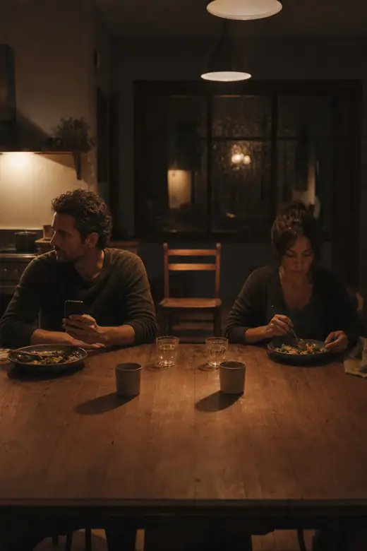 Una pareja cena en la misma mesa mirando en direcciones opuestas, un teléfono entre ambos.